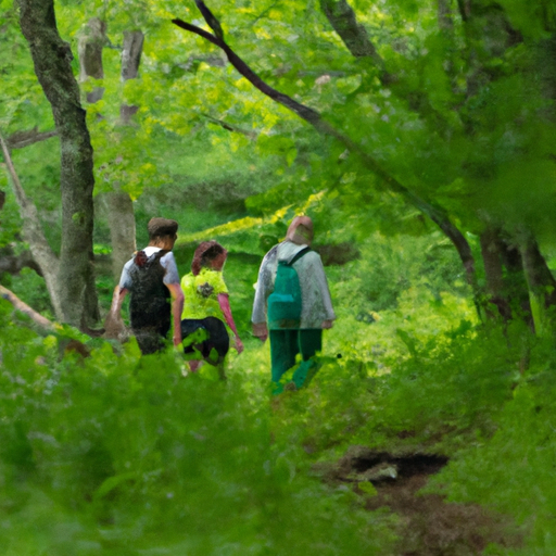 קבוצת מטיילים נהנית מטיול טבע מרהיב ביער שופע.
