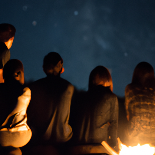 קבוצת חברים יושבת מסביב למדורה, מביטה בכוכבים מעל.
