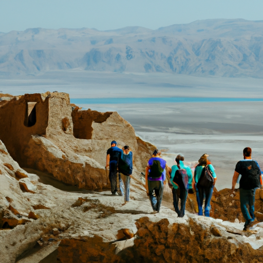 קבוצת מטיילים חוקרת את חורבותיה העתיקות של מצדה, עם הרקע המדהים של ים המלח במרחק.